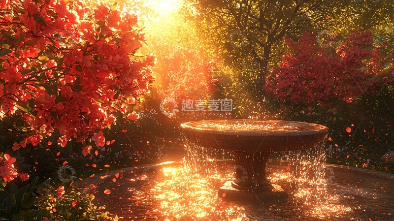高清大图下载【趣麦麦图】夕阳下花园石盆喷泉