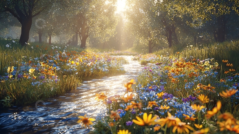 高清大图下载【趣麦麦图】阳光森林小溪花海