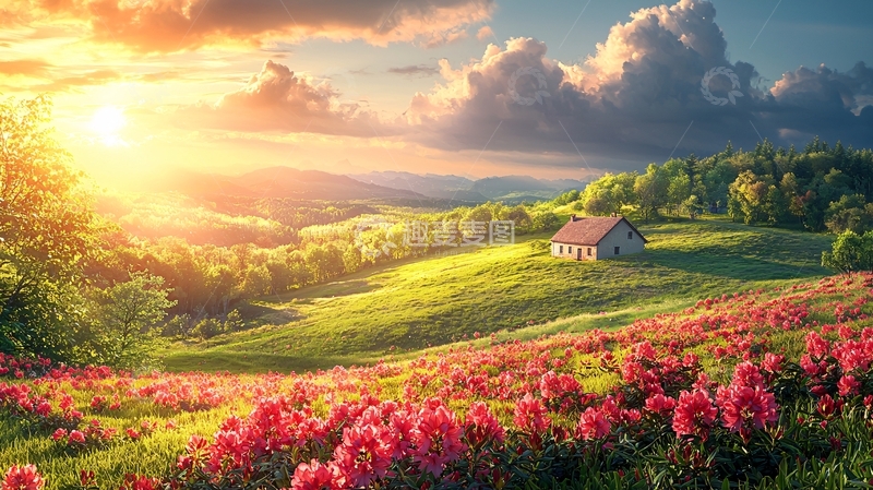高清大图下载【趣麦麦图】日出山峦花海小屋