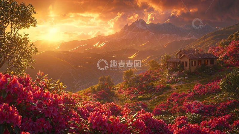 高清大图下载【趣麦麦图】山顶日落杜鹃花盛开