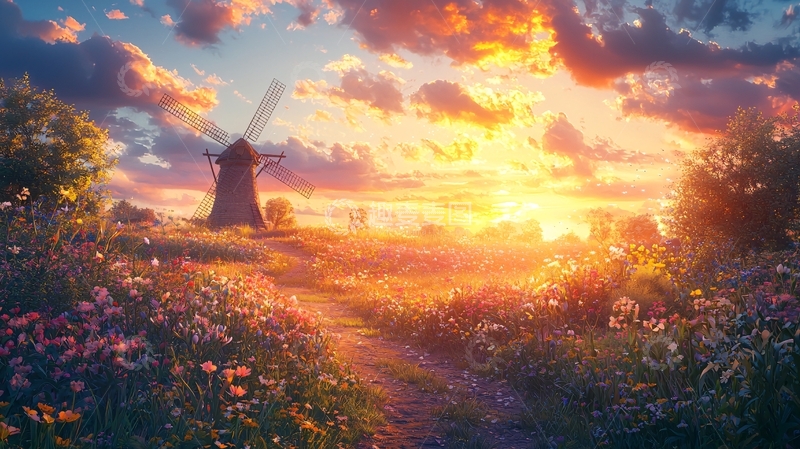 高清大图下载【趣麦麦图】夕阳下的风车田园风光