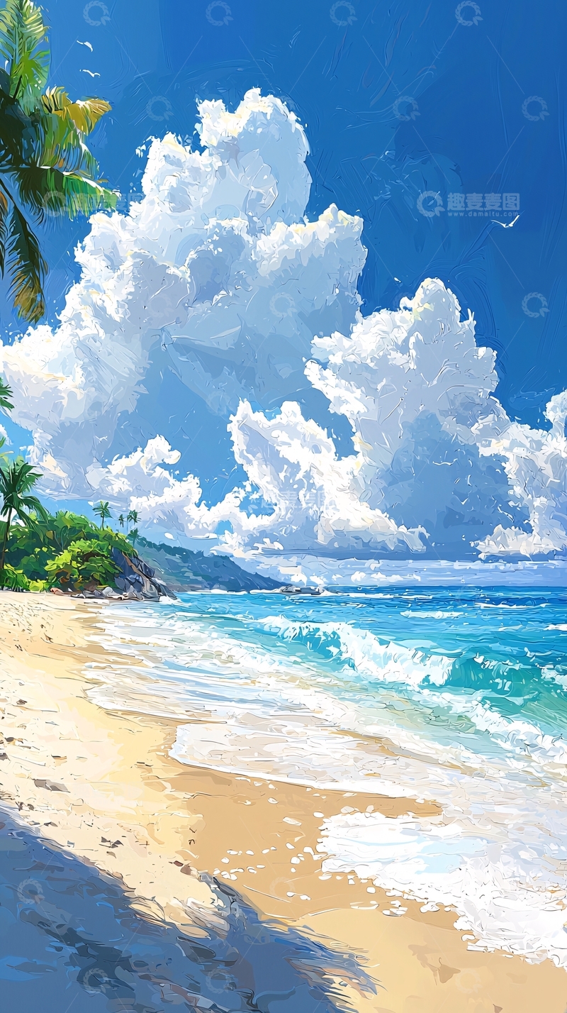高清大图下载【趣麦麦图】阳光沙滩海浪椰树
