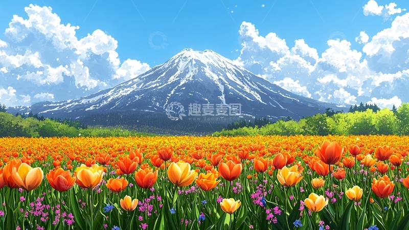 高清大图下载【趣麦麦图】雪山下的郁金香花田