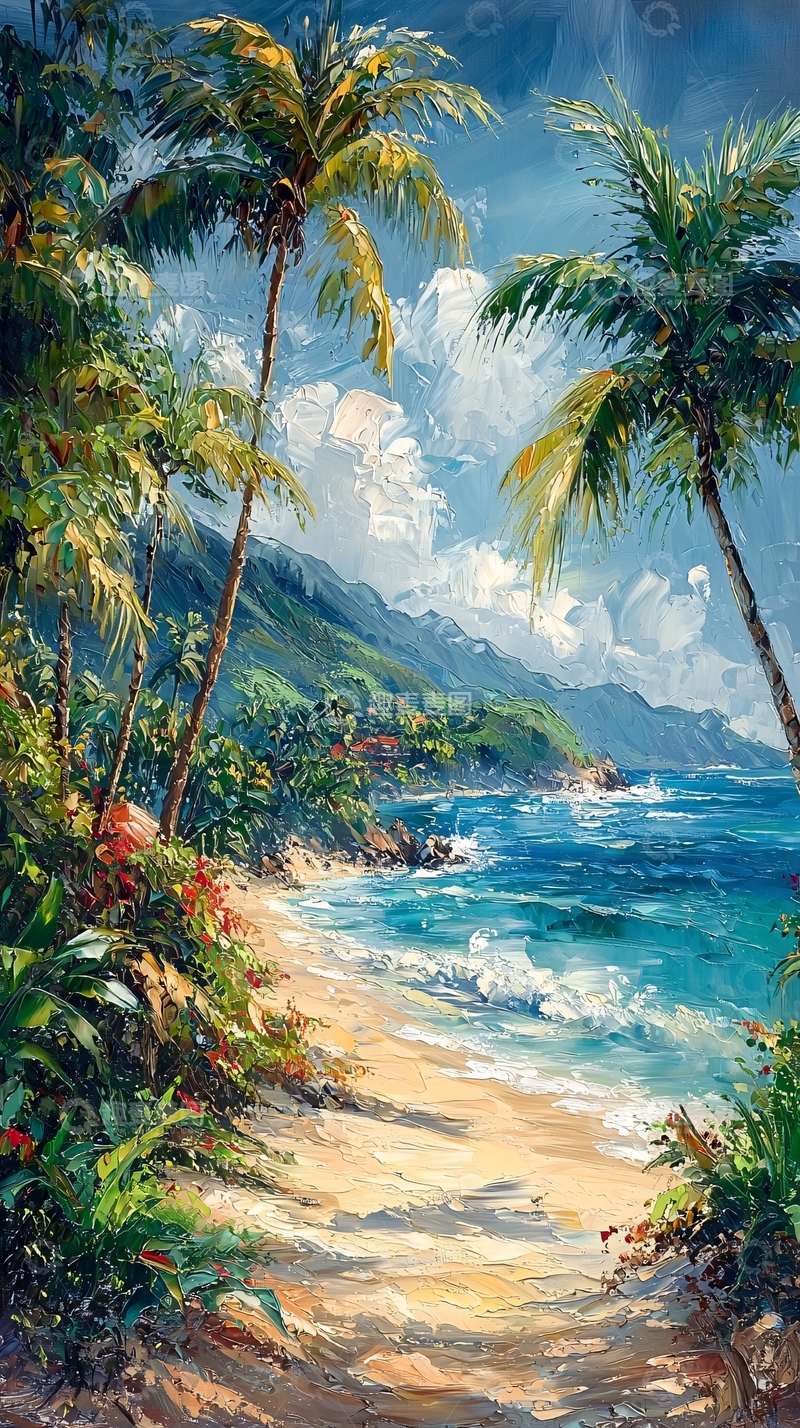 高清大图下载【趣麦麦图】热带海滩风景油画