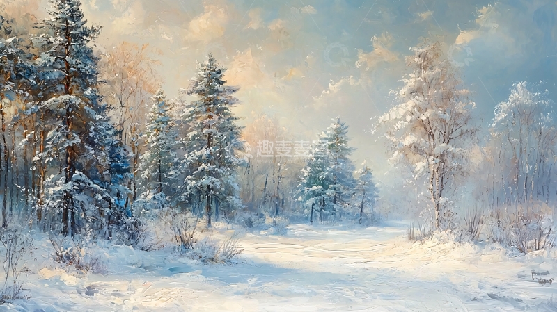 高清大图下载【趣麦麦图】冬日雪景森林油画