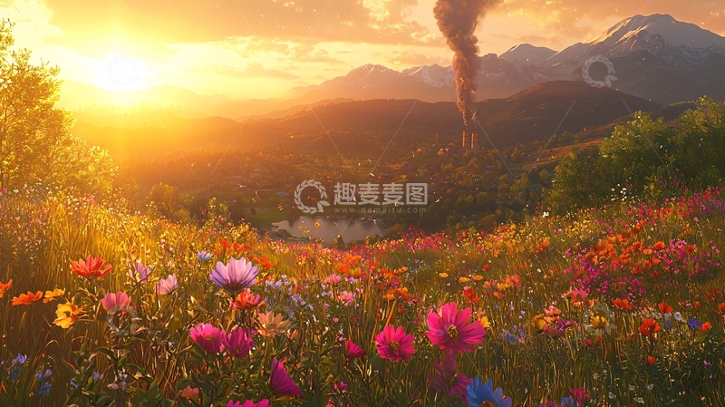 高清大图下载【趣麦麦图】日出花海山峦景色