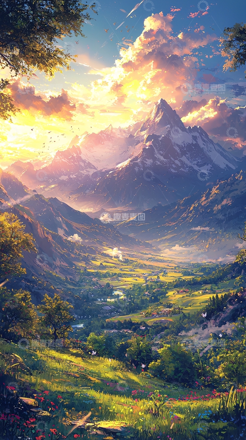 高清大图下载【趣麦麦图】日落雪山山谷田园风光