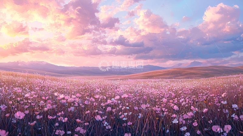 高清大图下载【趣麦麦图】粉色花海日落