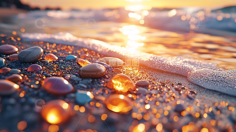 高清大图下载【趣麦麦图】日出海滩彩色鹅卵石