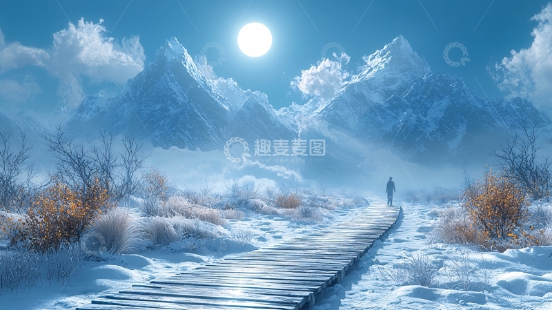 高清大图下载【趣麦麦图】冬日雪山木栈道