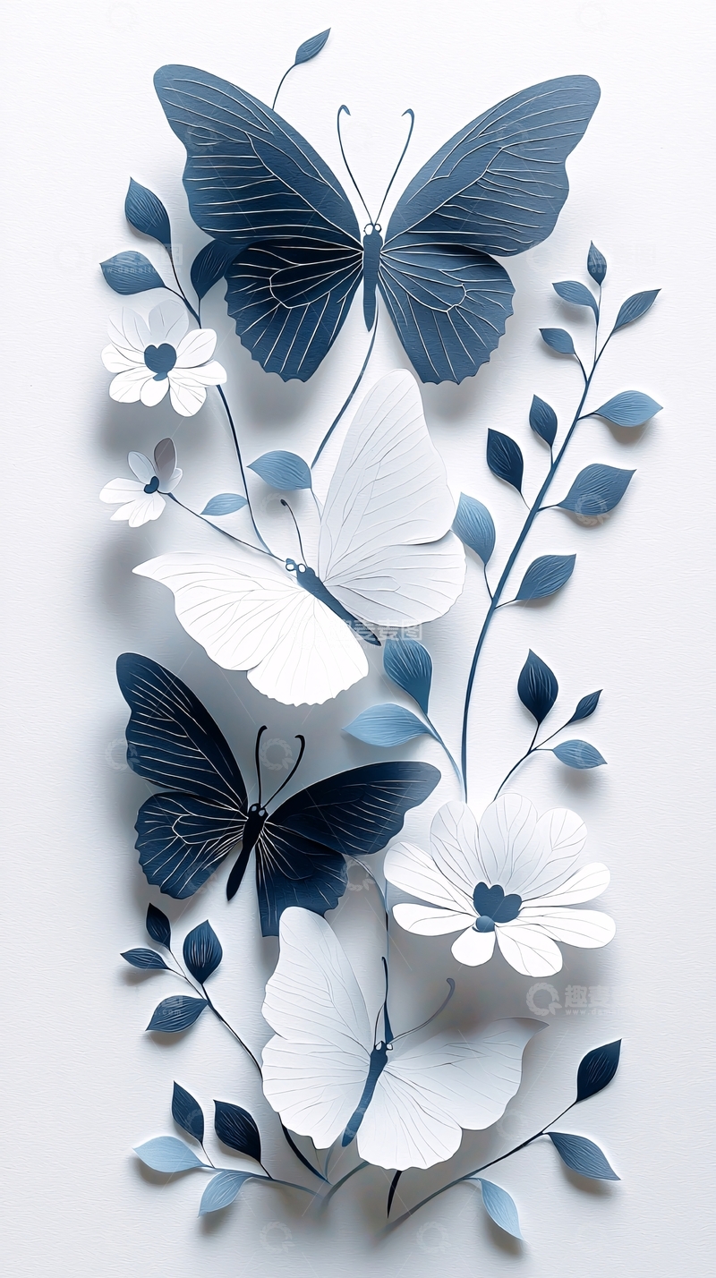 高清大图下载【趣麦麦图】蓝白纸艺蝴蝶花卉壁纸
