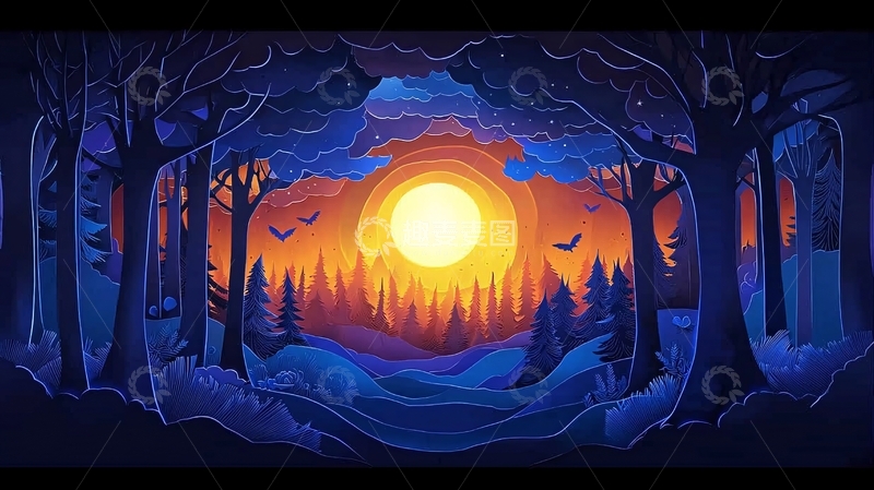 高清大图下载【趣麦麦图】森林剪影日落