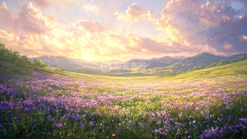 高清大图下载【趣麦麦图】梦幻般的紫色花海日出