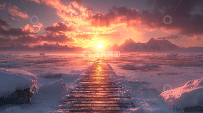 高清大图下载【趣麦麦图】雪地木栈道日落