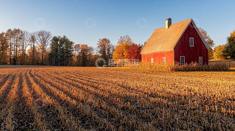 高清大图下载【趣麦麦图】秋日红谷仓田园风光