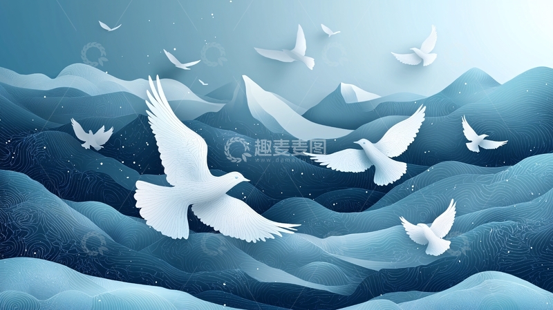 高清大图下载【趣麦麦图】白鸽飞翔山峦大海