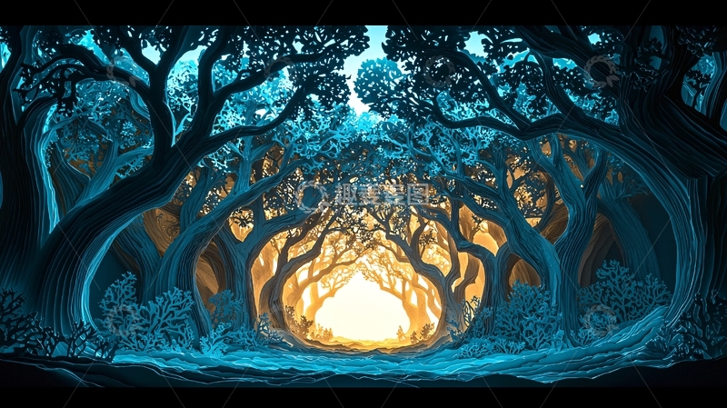 高清大图下载【趣麦麦图】蓝光森林树木拱形通道