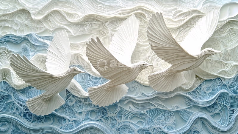 高清大图下载【趣麦麦图】三只白鸽飞翔浮雕