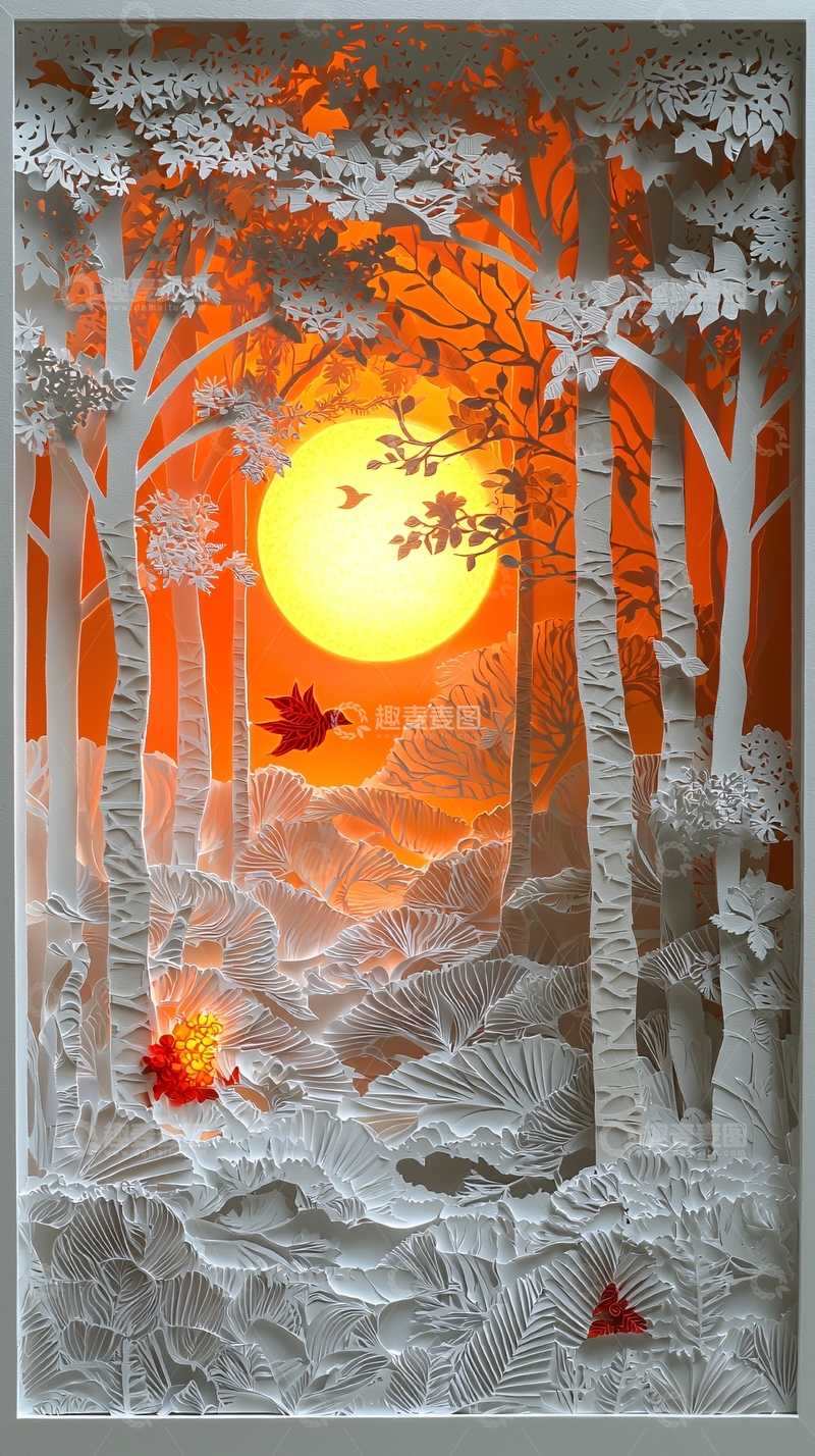高清大图下载【趣麦麦图】剪纸森林夕阳