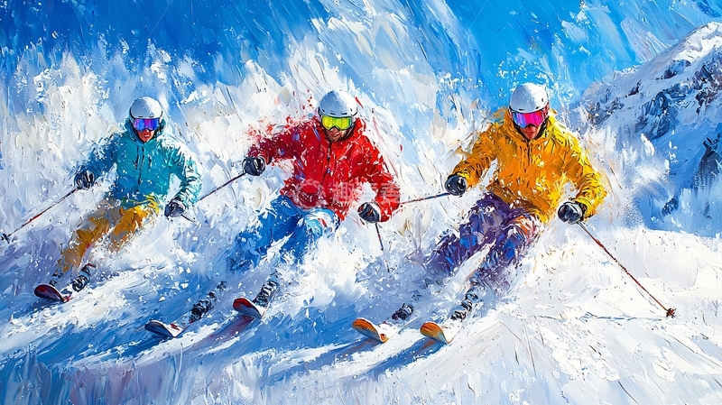 高清大图下载【趣麦麦图】三人滑雪雪山