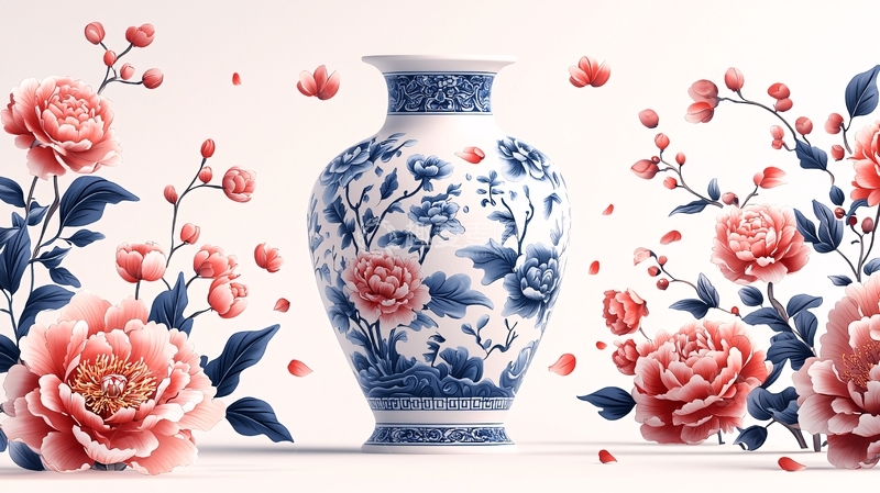 高清大图下载【趣麦麦图】青花瓷花瓶牡丹花卉