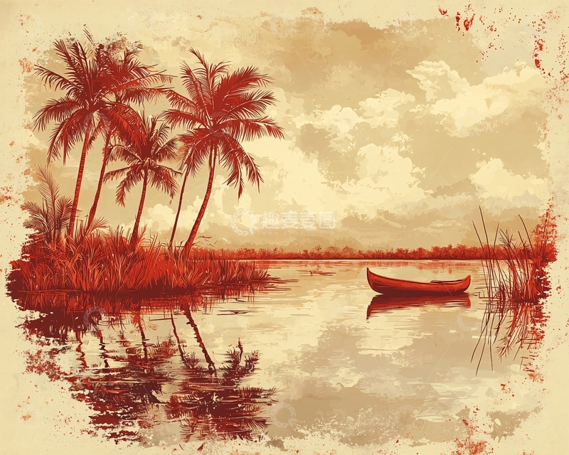 高清大图下载【趣麦麦图】复古红棕棕榈树湖泊小船风景