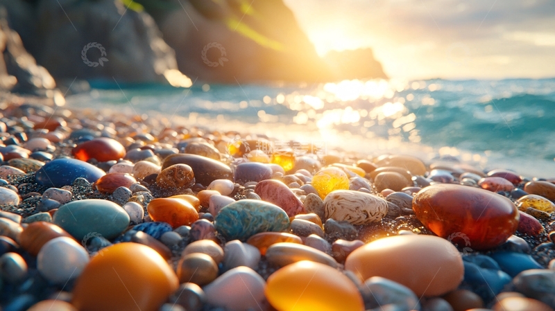 高清大图下载【趣麦麦图】阳光下的彩色鹅卵石海滩