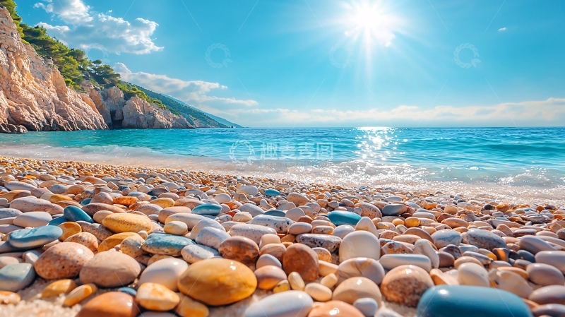 高清大图下载【趣麦麦图】阳光沙滩鹅卵石海景