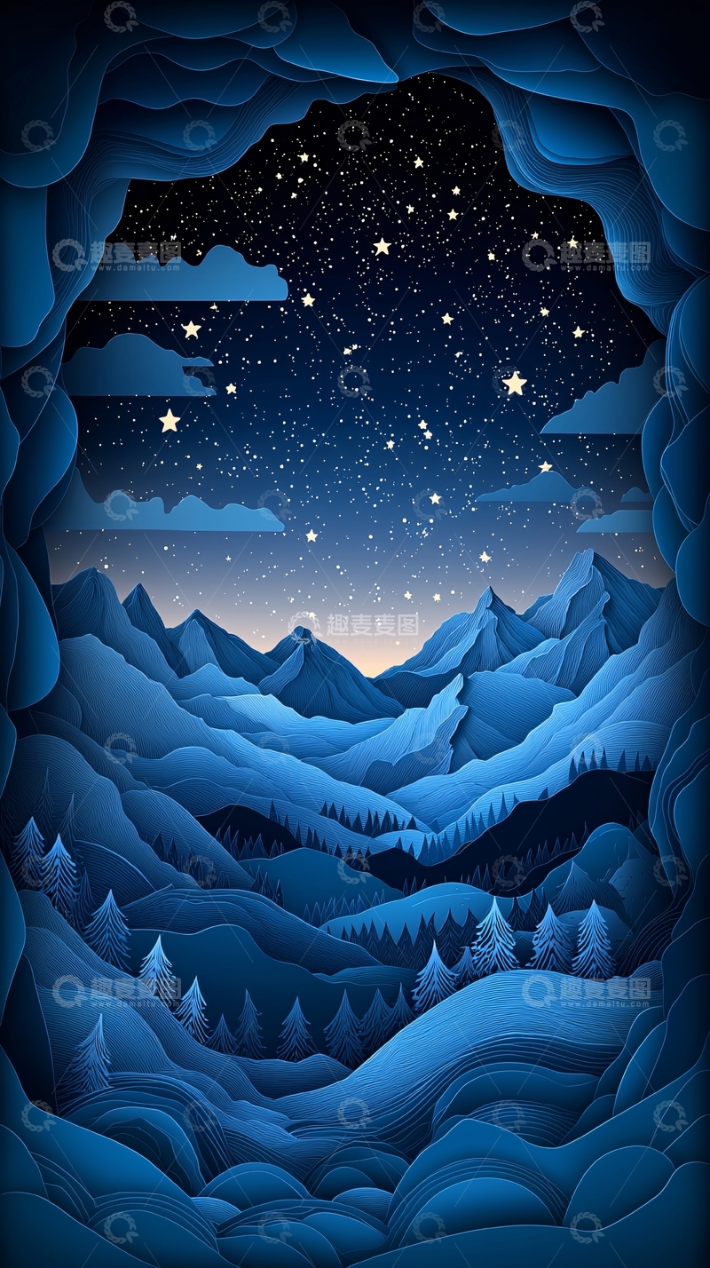 高清大图下载【趣麦麦图】蓝色山脉星空洞穴