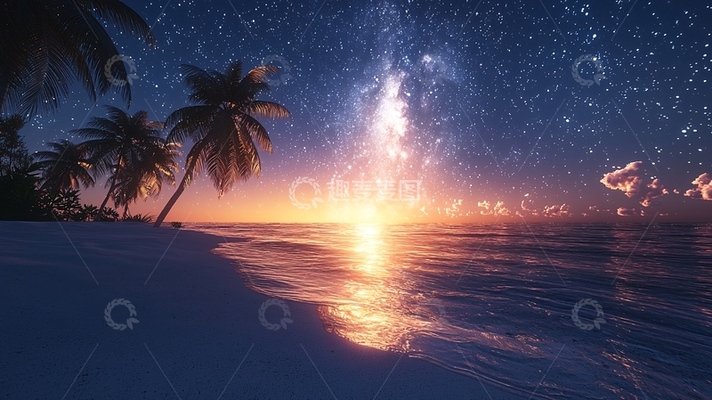 高清大图下载【趣麦麦图】椰树海滩星空日落