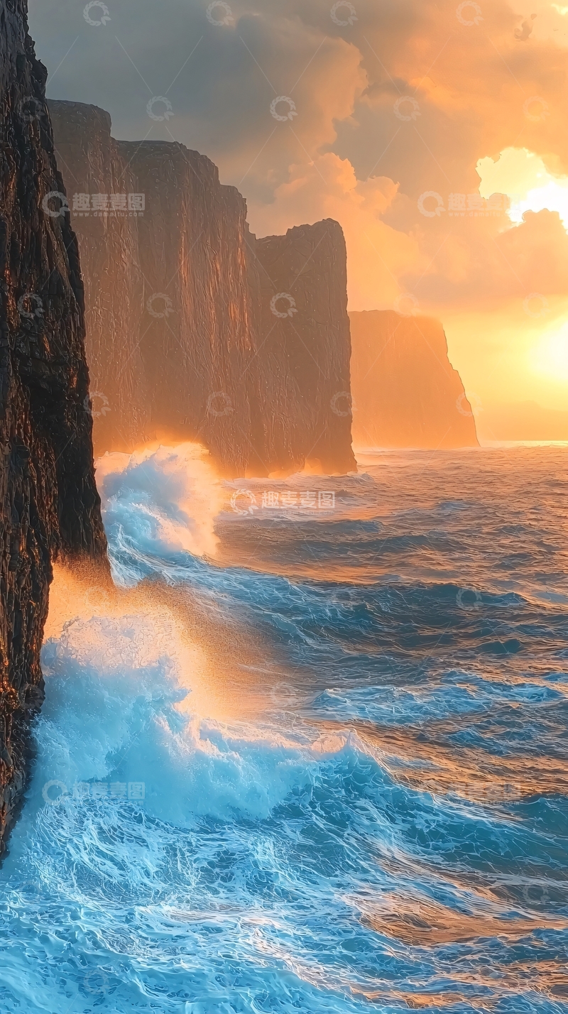 高清大图下载【趣麦麦图】日落悬崖巨浪海景