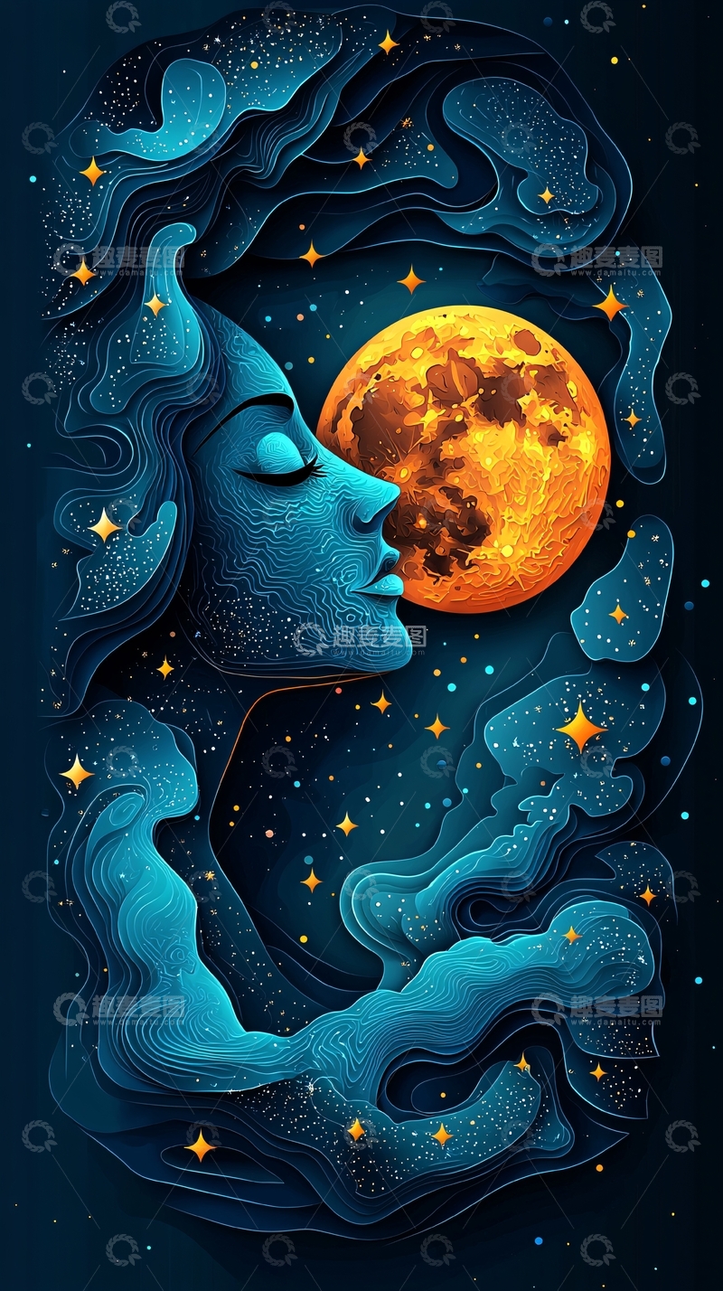 高清大图下载【趣麦麦图】蓝色女子与月亮