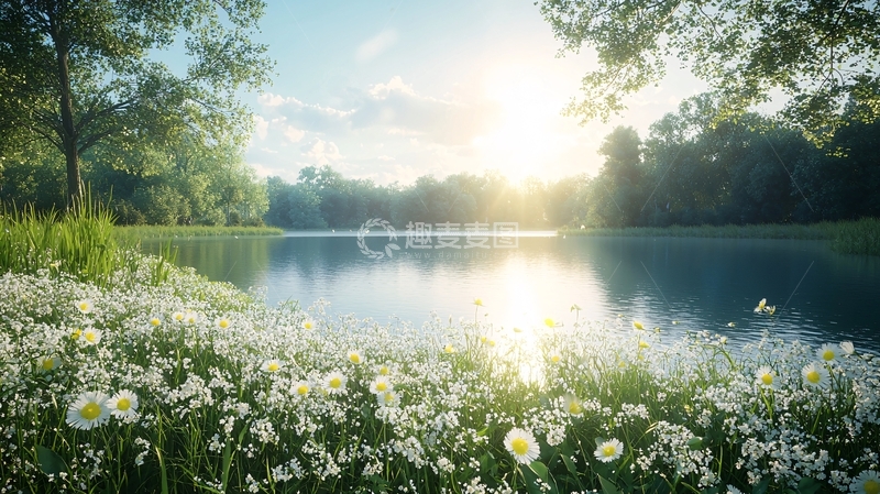 高清大图下载【趣麦麦图】清晨湖边白花盛开