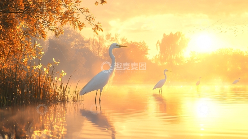 高清大图下载【趣麦麦图】清晨雾气中白鹭