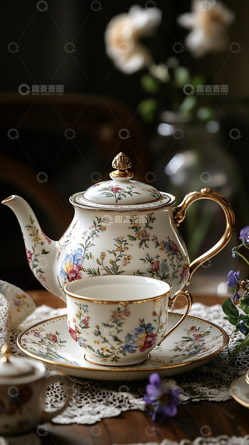 高清大图下载【趣麦麦图】复古花卉茶具套装
