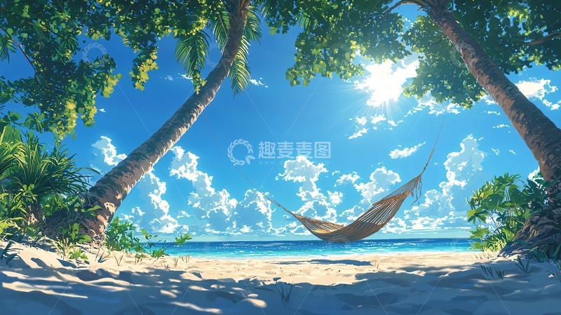 高清大图下载【趣麦麦图】热带海滩吊床风景