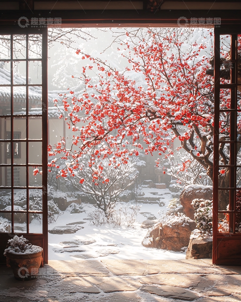 高清大图下载【趣麦麦图】雪后庭院红梅绽放