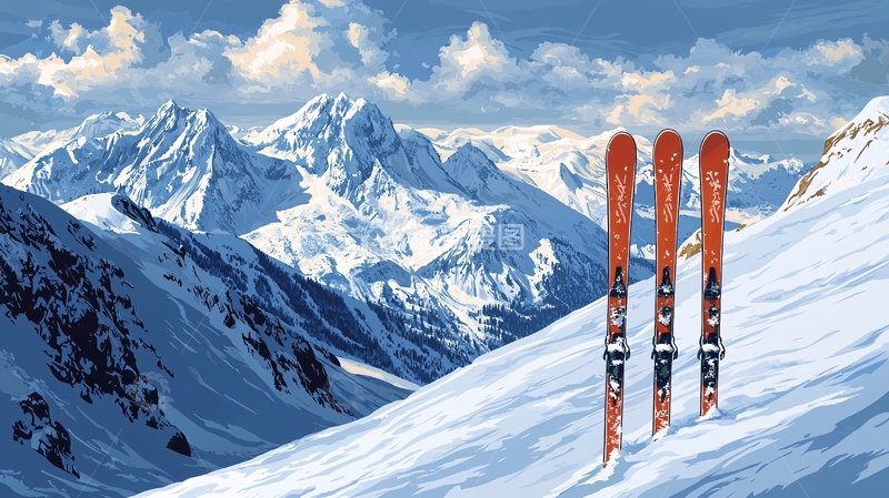 高清大图下载【趣麦麦图】雪山背景下的滑雪板
