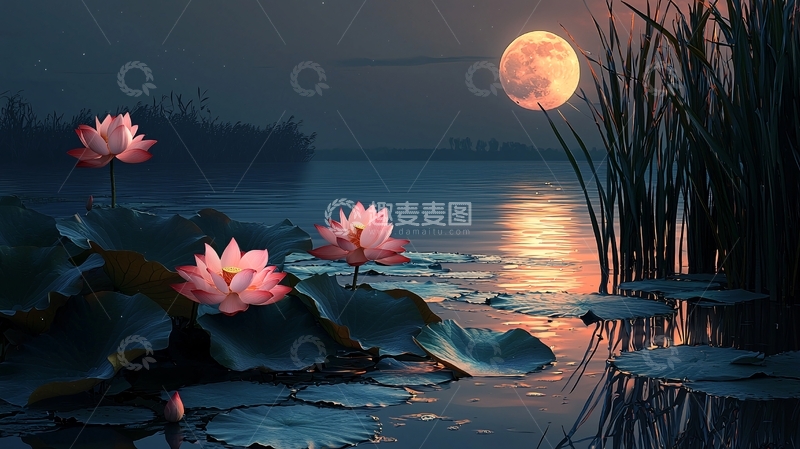 高清大图下载【趣麦麦图】夜色荷花满月背景图