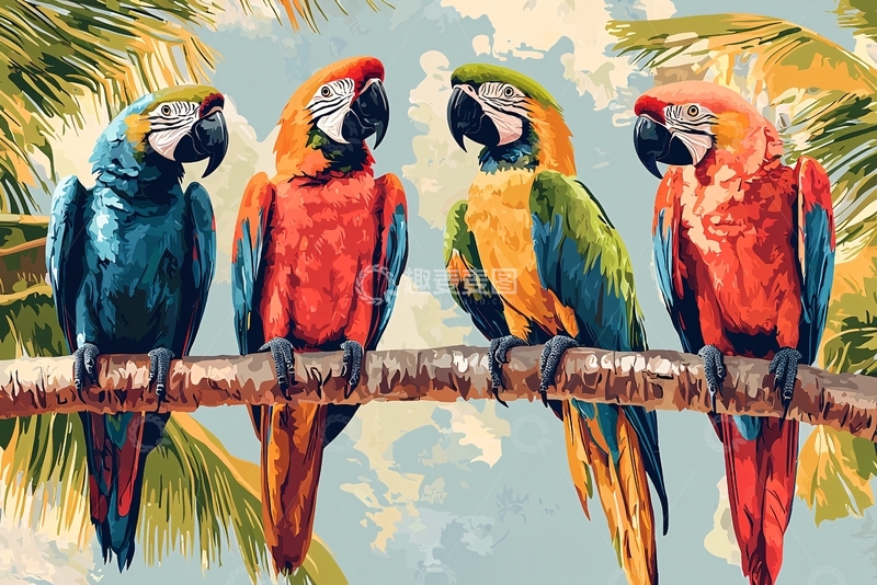 高清大图下载【趣麦麦图】四只鹦鹉树枝上