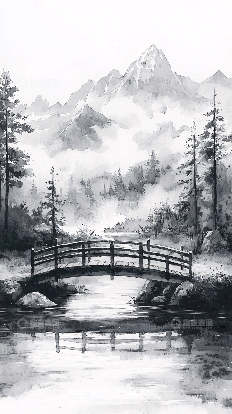 高清大图下载【趣麦麦图】水墨山水桥梁
