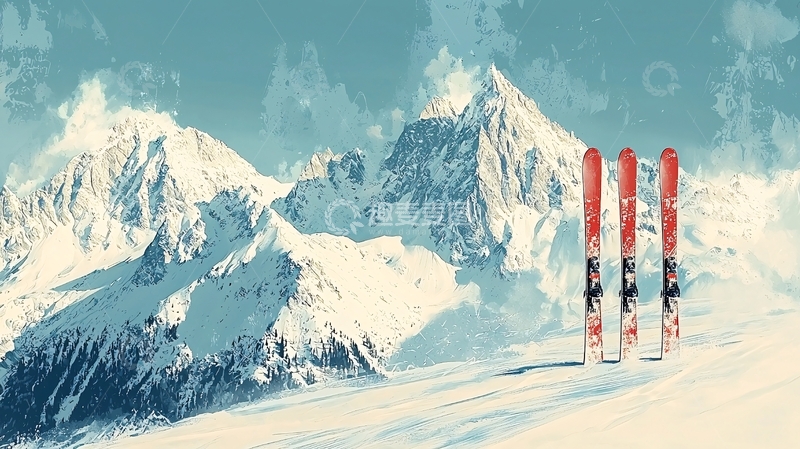 高清大图下载【趣麦麦图】雪山背景下的三副滑雪板