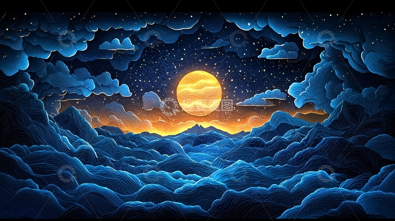 高清大图下载【趣麦麦图】梦幻星空月亮山峦