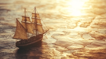 夕阳下古老帆船航海图