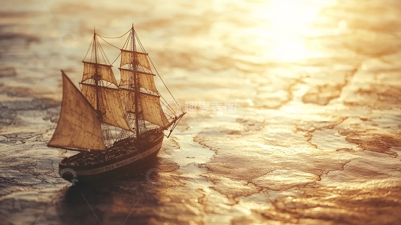 高清大图下载【趣麦麦图】夕阳下古老帆船航海图
