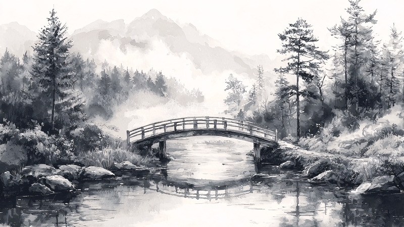 高清大图下载【趣麦麦图】黑白山水桥风景画