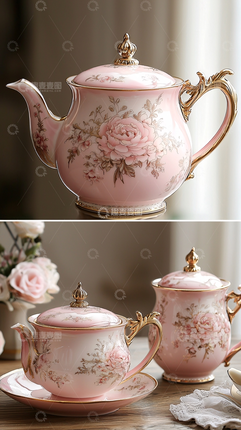 高清大图下载【趣麦麦图】粉色玫瑰花茶壶套装