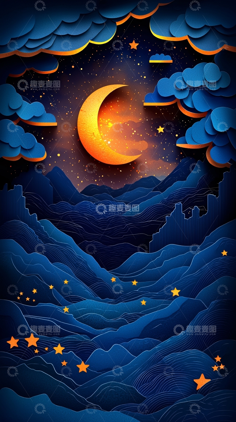 高清大图下载【趣麦麦图】剪纸风格夜空