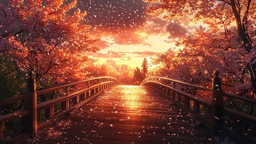 落樱缤纷的日落小桥