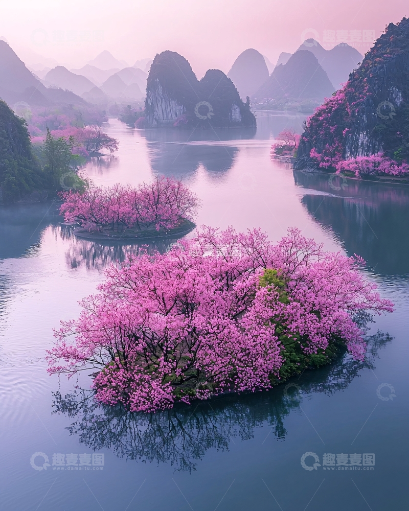 高清大图下载【趣麦麦图】粉红樱花湖泊山峦